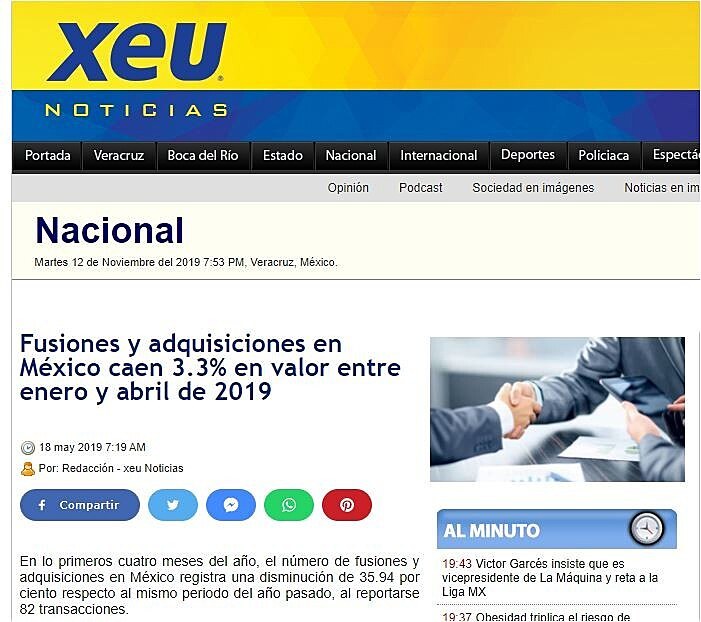 Fusiones y adquisiciones en Mxico caen 3.3% en valor entre enero y abril de 2019